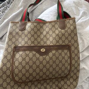 Gucci Beige Brown GG Canvas Tote with Green-Red Web Straps